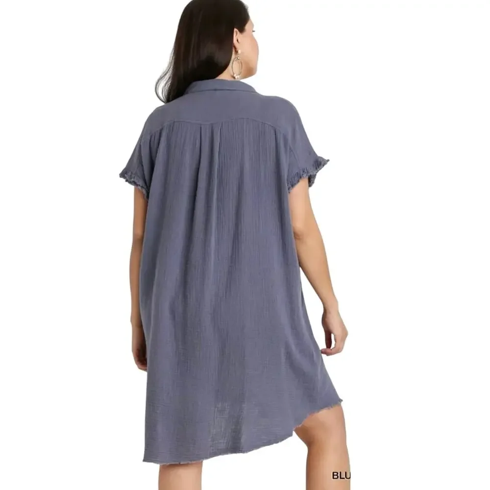 Umgee Shirt Dress Crinkle Fabric M Raw Edges Short Sleeve